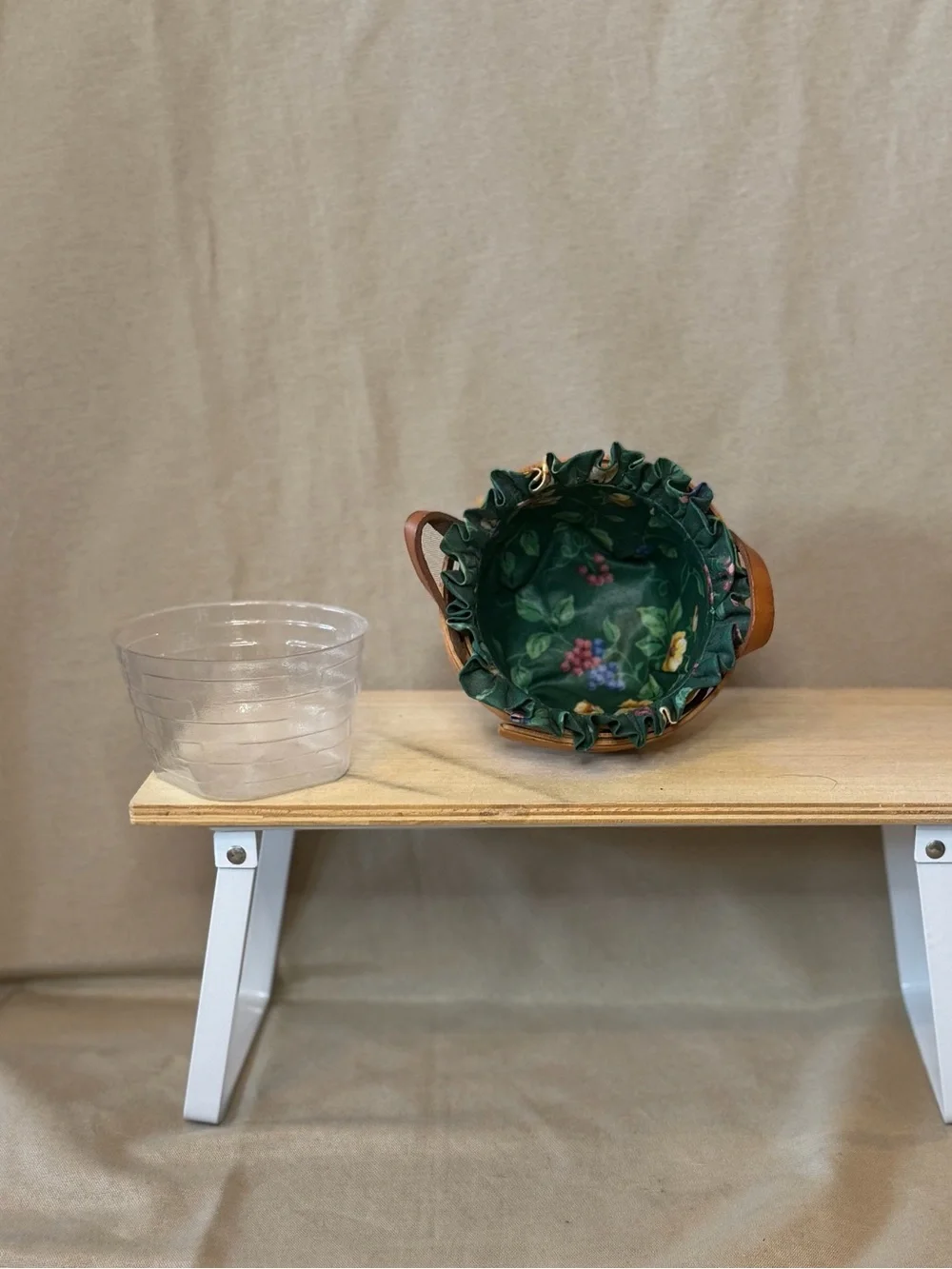 Longaberger Brown Woven Basket with Green Fabric Liner